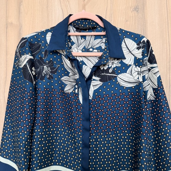 Zara Womens Mixed Print Blouse Size M Blue Floral Polka Dot Button Up Shirt Boho - Picture 2 of 8